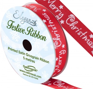Eleganza Satin Grosgrain Merry Christmas Design No.359 Red 15mm x 5m