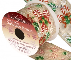 Eleganza Hessian Wired Edge Candy Cane Christmas 10yds x 63mm