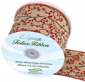 Eleganza Wired Edge Christmas Glitter Berries 63mm x 9.1m Design No.376 Natural/Red