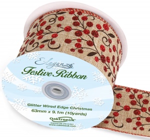 Eleganza Wired Edge Christmas Large Glitter Berries 63mm x 9.1m Design No.385 Nat/Red