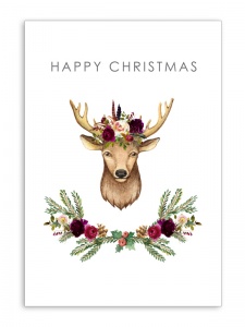 Happy Christmas Reindeer and Flowers Card