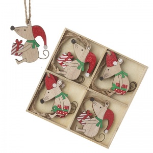 Wooden Mice with Present Tree Decorations