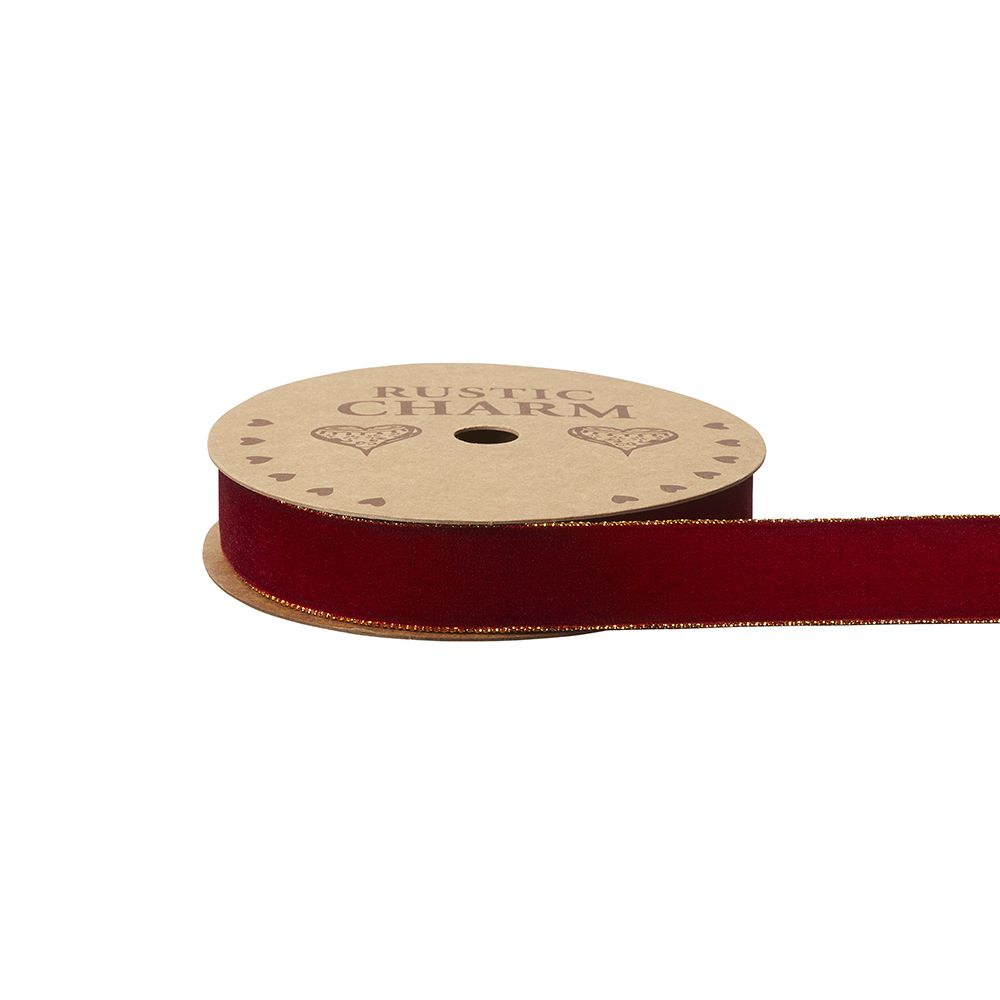 Odden Ribbon OASIS® Gilded Edge Velvet Ribbon Dark Red 25mm x 10m
