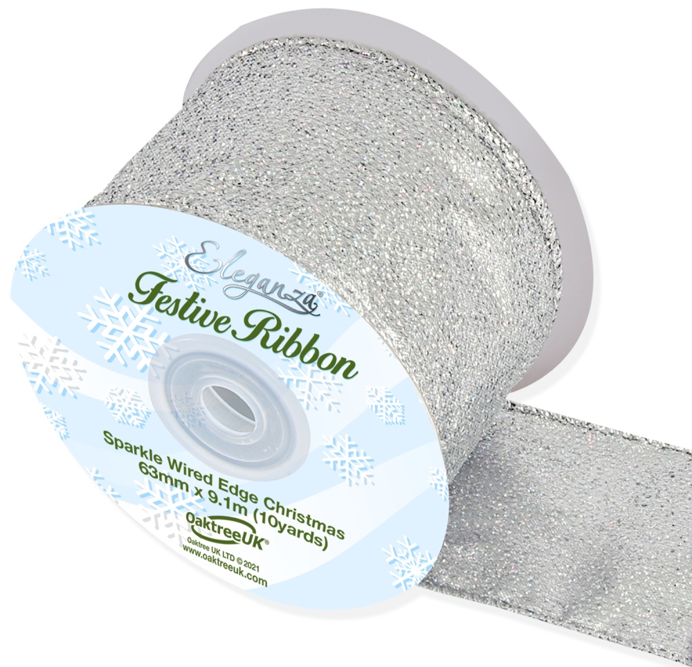 Eleganza Sparkle Wired Edge Ribbon 63mm x 9.1m Silver No.24